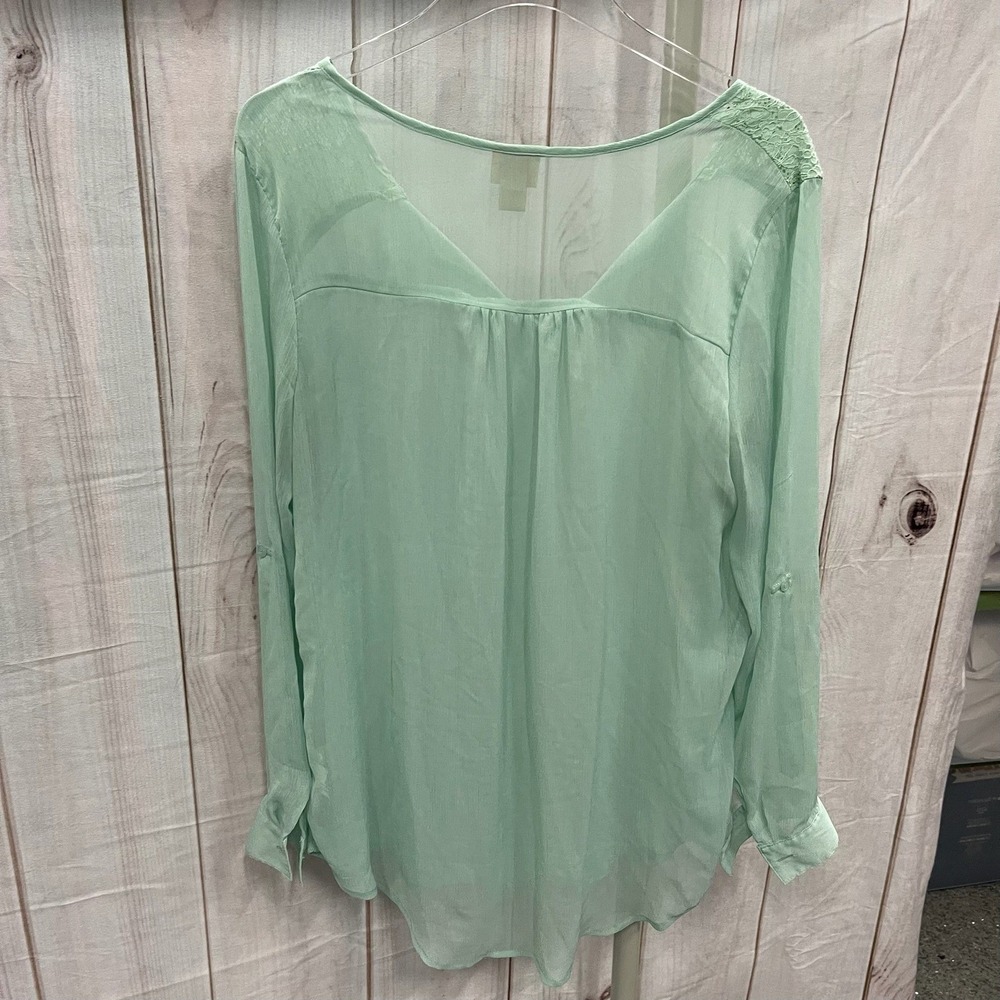 Mossimo Mint Green Lace Shoulder Roll Tab Sleeve Sheer Blouse XL - Picture 7 of 7